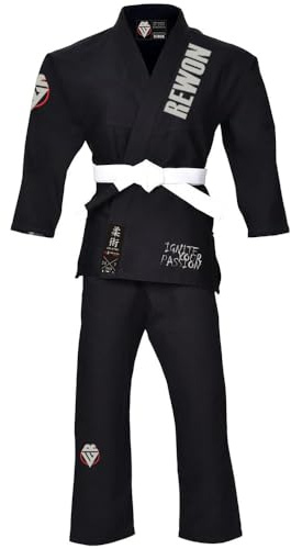 Rewon Gear Jiu-Jitsu-Gi, Jiu-Jitsu-Uniforme,Competizione Professionale, Tessuto di Alta qualità Arti Marziali, MMA, Karate, Taekwondo, Cotone, Uomini, Donne e Bambini (Nero 02, XS)