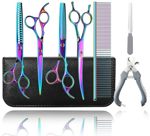 Casgee 7,0 Zoll Hundeschere Set, 10-In-1 Fellschere Hunde, Hundepflege Schere Hunde Schere, Hundescheren Set Profi mit Geraden Schere, Ausdünnungsschere, Gebogenen Schere, Chunker, Krallenschere