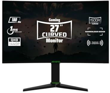 Aryond A27 V2 Gaming Curved Monitor, 27 Zoll 180Hz Curved QHD (2560x1440) Display 1ms Reaktionszeit, HDR 10-Verhältnis FreeSync und G-Sync 119,9% SRGB, PC Bildschirm, HDMI Anschluss