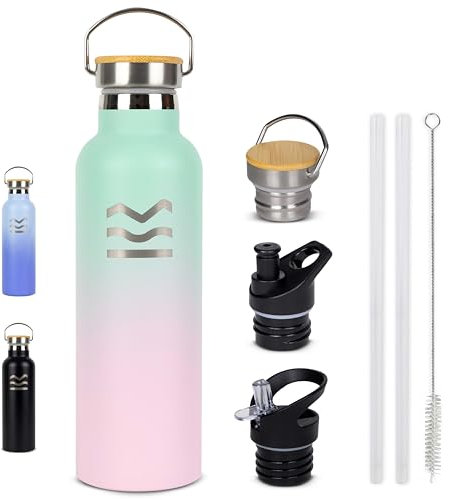 Botella Agua Acero Inoxidable Rosa - HUIIKE | Botella Termica 750ml con 3 tapones, Termo Agua Fria 24 horas y Caliente 12 horas | Cantimplora Termica sin BPA Water Bottle Pajita, Reutilizable Gimnasio