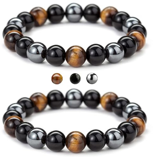 WUMZIRA 2 pcs Tigerauge, schwarzer Obsidian, Hämatit, chakra armband echte steine, obsidian armband, bracelet