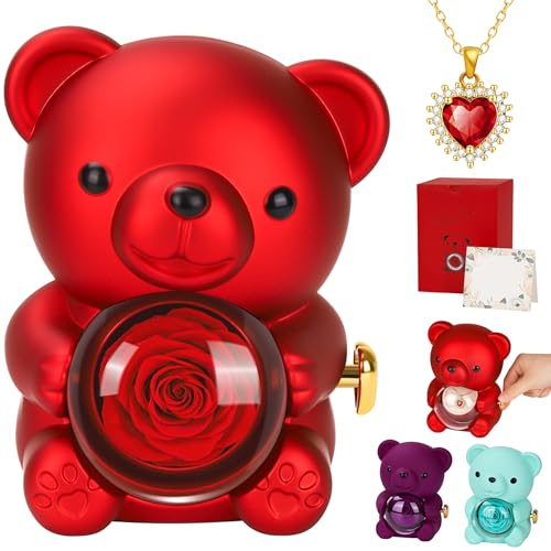 MestectPET Rosa Eterna con Collana a Cuore, Scatola di Rose Conservate Festa della Mamma San Valentino Anniversario di Matrimonio Compleanno Regali di Natale per Mamma Fidanzata Donne (Rosso)