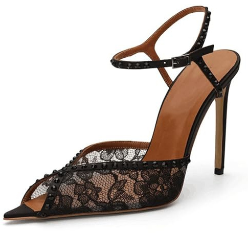 Gueploer Femmes Sandales Noires, Talons Hauts en Dentelle Aiguille Pointue Escarpins À Bout Ouvert Sandales Élégantes pour Bal De Fête,Noir,40 EU