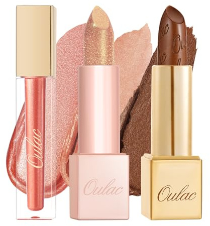 OULAC Brown Orange Metallic Lip Gloss Kit – Shimmer & High Pigment, Long Lasting Moisture Lip Gloss Set, Creamy Texture & Hydrating with Shea Butter, Vegan & Clean Beauty Formula MD03+PG13+MSD08(3pcs)