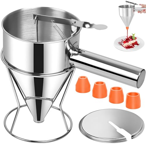 1200ml Dosatore Pastella con Supporto & 4 Tramogne, Utensili Imbuto Pistone in Acciaio Inox, Distributore Pasta & Impasti, Dispenser Torte per Pasticceria, Pancake, Frittelle, Dessert, Waffle, Muffin
