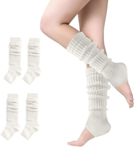 newhsy 2 Pairs Leg Warmers Winter Knit Ribbed Leg Warmers for Women Girls Yoga Ballet Dance Ice Skating Accessories (white, One Size)