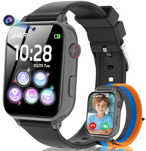 4G Reloj Inteligente Niño, Smartwatch Niños con GPS y Teléfono, Videollamadas, Chat de Voz, SOS, Modo Escuela, Despertador, Juegos, Podómetro, Reloj Inteligente Niños Niñas 5 a 16 años Regalo, Negro