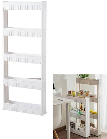 Tielag Scaffale per nicchia a 4 livelli, carrello da cucina con ruote, 12 x 54 x 101 cm, salvaspazio, in plastica, per cucina, bagno, ufficio, camera da letto, bianco
