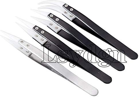 Juego pinzas cerámica precisión Pinzas con punta curva Pinzas antiestática Resistencia a altas temperaturas y corrosión para electrónicos joyería y trabajo laboratorio 4 piezas