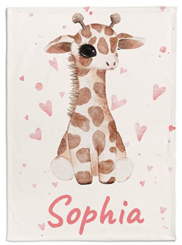 Coperta personalizzabile per bambini, con giraffa e piccoli cuori, motivo colorato, da 80 x 110 cm