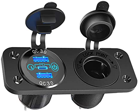 Pannello caricabatterie da auto, 12V-24 porte USB doppie QC3.0 + porta PD presa di ricarica con interruttore di tocco- adattatore accendisigari + interruttore ON/OFF (Pannello a 2 fori)