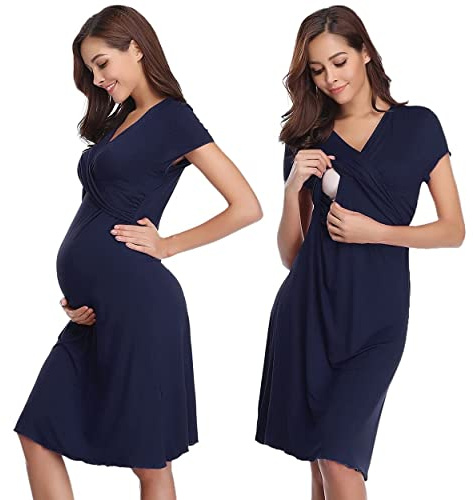 Irdcomps Women’s Breastfeeding Nightdress Maternity Nightshirt Nursing Nightgown Soft V Neck Pajama Loungewear Tops Dress for Pregnant Casual Navy Blue