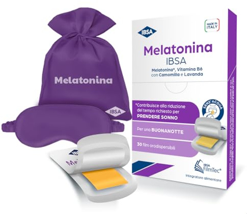 Melatonina IBSA + Mascherina da notte | Integratore alimentare a base di Melatonina con Vitamina B6, Camomilla e Lavanda + morbida mascherina notte IBSA in omaggio, per addormentarsi e riposare meglio