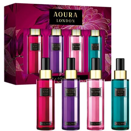 AOURA LONDON Collection Womens Body Mist Gift Set, with Midnight Passion, Love Rush, Pretty Woman, & Paradise Bliss, Fragrance Spray Set (4x60ml)
