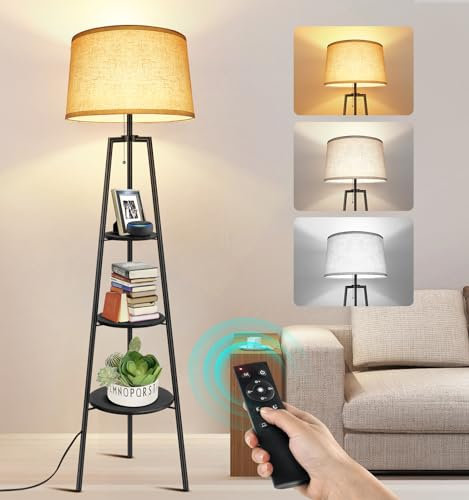 OUTON 3 Layers Tripod Floor Lamp, Bulb Included, Shelf Standing Lamp with Remote Control, Dimmable & 4 Color Temperatures, 1H Timer, Lamps for Living Room Bedroom Office Decoration(Black)