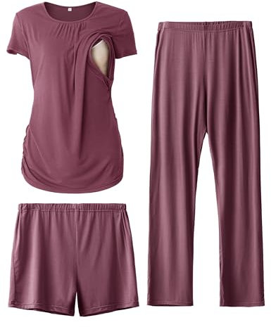 SUNNYBUY Damen Umstandsmode Stillpyjama-Set, Kurzarm-Stillshirts, Schwangerschafts-Shorts und Hosen, 3-teiliges Stillpyjama-Set, Dunkelrot XL