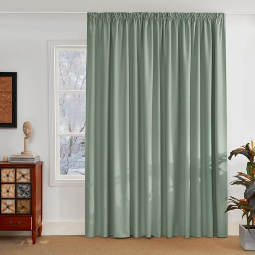 PONY DANCE Curtains for Living Room Large Windows, Thermal Curtains with Wrinkle Tape, Set of 1 Pack, H 245 x W 300 cm, Blackout Curtain Thermal Insulated Partition Curtain, Sage Green