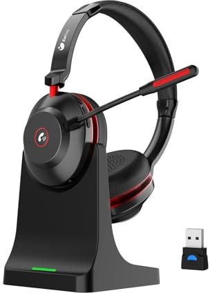Wireless Headset, Bluetooth Headset with Microphone Dual Noise Canceling & USB Dongle, 45H QCC Bluetooth Headphones with Busy Light & Charging Base, Teams Answer for Work/Office/PC/Meeting/Zoom