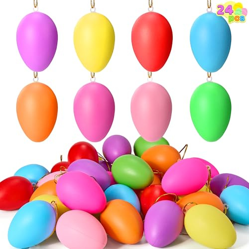 JOYIN 24 Pcs Multicolor Plastic Easter Hanging Eggs, 6CM, 8 Colors, Decorative Eggs with Hanger for Easter Tree Decoration & Outdoor Indoor Hanging Decor