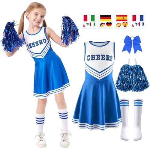 Juego de 5 disfraz de animadora para niños, vestido uniforme de animadora, atuendo de animadora para niña con pompones, calcetines, pegatinas para tatuajes y tocados, para fiestas de carnaval (azul,