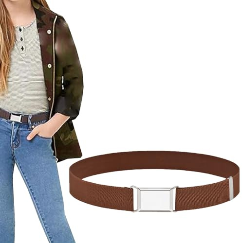 NiceYnn Kids Adjustable Elastic Belt with Silver Square Buckle, Stretch Easy Clasp Belt for Children 3-10 Years Boys Girls Jeans Pants Uniform Dress Shorts Trousers Brown
