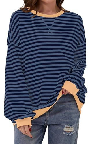 DUOEASE Damtröja randig oversize pullover långärmad höst rund hals sweatshirt Y2K toppar, Marinblå, M