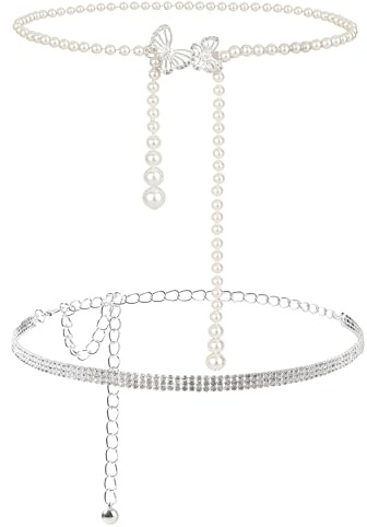 XIAQICA 2 Pièces 110cm Chaînes de Taille Ceinture Femme Strass Brillant + Perle Papillon Chaine de Taille Réglable Ceinture en cristal pour Robes Jeans