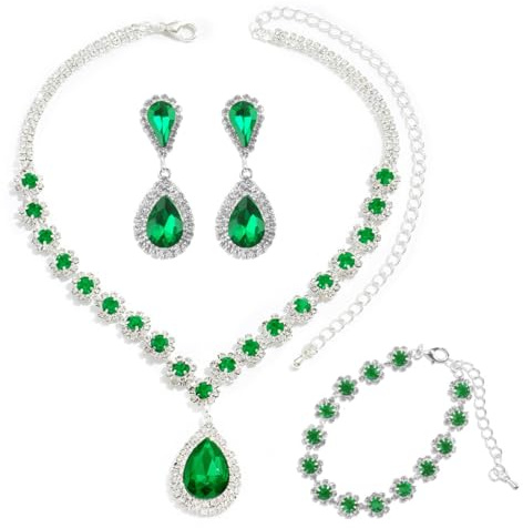 Conjunto Joyas Mujer para Novia, Diamantes de Imitación Collar Pulsera Pendientes, con Colgante de Gota de Agua Verde Esmeralda, Set de Joyería para Bodas para Mujeres, para Trajes de Novia y de Noche