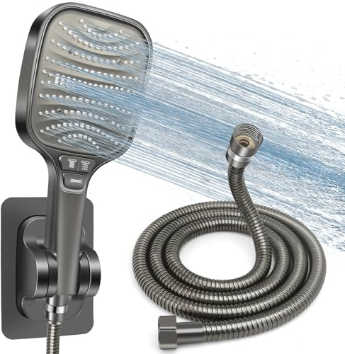 HNOOM Kit de Ducha Completo - Alcachofa de Ducha Alta Presión 120mm + Manguera Ducha 1.5m + Soporte Sin Taladro, 8 Modos, Ahorro de Agua, Antical, Universal para Baño y Limpieza（Gris）