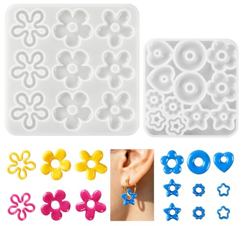 Leikedun Moule en Silicone pour Résine Époxy, 2PCS Moules à Fleurs pour Fabrication de ​Boucles d'Oreilles, Bijoux, Porte-clés, Pendenti - Avec Formes Fleur, Cœur, Étoile et Cercle