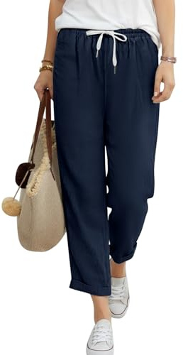 PASUDA Pantalon Femme Été 7/8 Fluide Léger Coton Pantalons Décontractée Ample Droit Pantacourt Taille Haute Elastique Palazzo Chic et Elegant Travail Longueur Pants avec Poches(Bleu Marine,M)