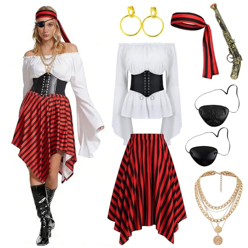 bechoanigel Disfraz Pirata Mujer,Medieval Disfraz Cosplay Pirata que Incluye Blusa Blanca, Falda Roja, Corsé, Pañuelo Pirata, Collar, Disfraz de Pirata Mujer para Carnavales, Fiestas, Cosplay (L)