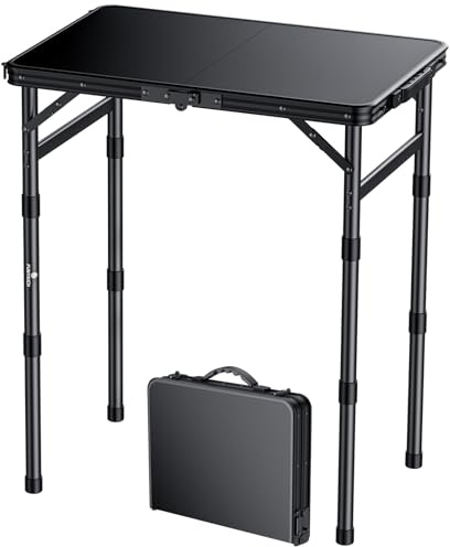 FUNYKICH Tavolo da Campeggio Pieghevole 58x40 cm,Tavolo da Picnic in Plastica Telaio in Lega di Alluminio 3 Altezze Regolabili 26/48/70 cm,Impermeabile e Portatile,per Barbecue, Pesca e Viaggio,Nero