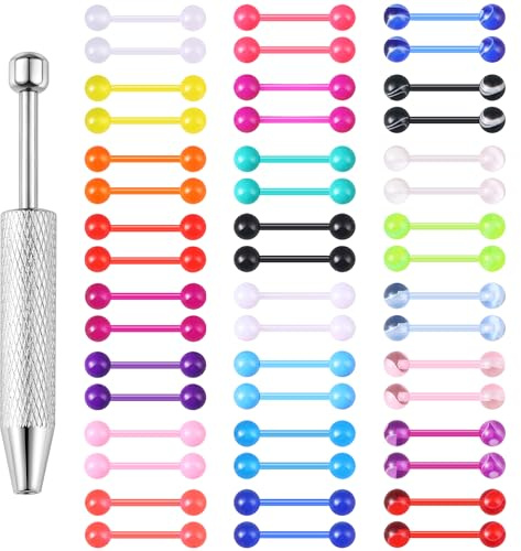 Svovin 48Pcs 14G Glow in Dark Flexible Acrylic Straight Tongue Ring Barbell for Women Candy Color Tongue Piercing Jewelry 14mm Bar Tongue Rings Piercing Ball Grabber Set