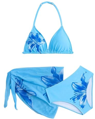 Awinclo Girls 3 Piece Bow Print Swimsuit Spaghetti Strap Crop Top Bikini Set Cute Mesh Ruched Cover Up Skirt Hawaii Blue 12 Years