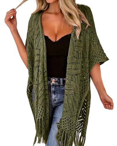 Womens Knit Cardigan Oversized Open Front Outwear Lightweight Hollow Out Crochet Tassel Sweater Summer Boho Beach Cover Up Fringe Kimono Long Sleeve Openwork Bikini for Ladies