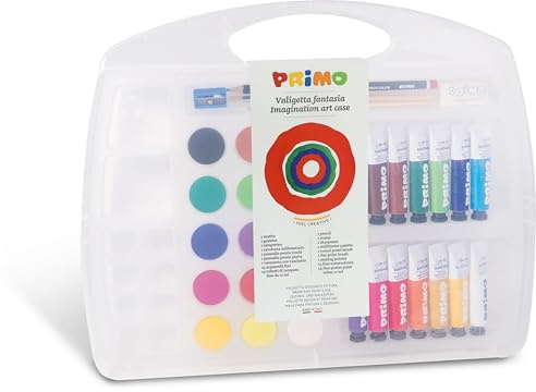 PRIMO - Maletín de Colores para Niños con 14 Témperas + 15 Acuarelas + 2 Pinceles para Pintar, Set de Paleta de Papelería con Témperas, Goma de Borrar, Sacapuntas y Lápiz HD