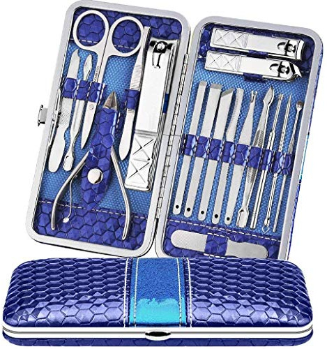 Teamkio 18pcs Manicure Set Pedicure Nail Clippers Set Travel Hygiene Kit Stainless Steel Professional Cutter Care Set Scissor Tweezers Knife Ear Pick Tools Grooming Kits with Leather Case