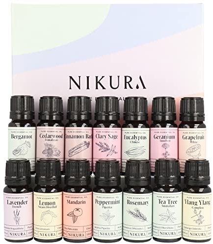 Nikura Professional Essential Oil Gift Set - 14 x 10ml | Essential Oils for Diffuser for Home, Aromatherapy, Rosemary Oil for Hair Growth | Bergamot, Lavender, Lemon, Peppermint, Tea Tree