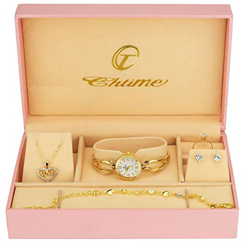 Coffret Cadeau Montre Femme Blanc- Parure de Bijoux- Collier-Bague- Boucles d'oreilles - Bracelet