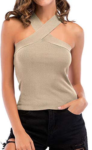 Kvinnors Cross Over Front Cut Out Halter Neck Ärmlös Crop Top Bandage Vest Toppar Kvinnor Sommar Sexig Ärmlös Spetsväst Blus Casual Slimming Cami Tank Strappy Ärmlös Crop Stretch Vest Top