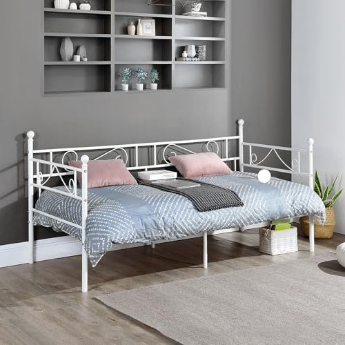 FURNITABLE Metal Bed 3ft Single Day Bed Frame Guest Sofa Bed Daybeds for Living Room Bed Room Fits for 90 * 190 cm Mattress White