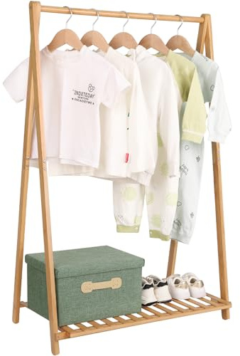 Jotsport Small Clothes Rack Kids Dress Up Storage for Playroom, Toddlers Bedroom, Bamboo Child Garment Rack with Storage Shelf, Kids Clothing Rack Costumes Organizer