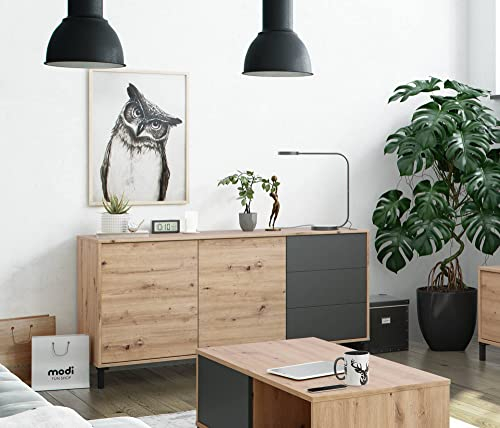 Dmora - Concord-Sideboard, Wohnzimmer-Buffet, TV-Schrank, Wohnzimmer-Kleiderschrank, modernes Sideboard mit 2 Türen und 3 Schubladen, 154 x 41 x 74 cm, geknotete Eiche und Anthrazit