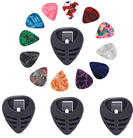 SHULLIN 16 Stk Guitar Pick Set mit 4 Plektrenhalter 12 Pcs Guitar Picks aus Celluloid mit 0.46 0.81 1.2mm Dicke Gitarren Plektren Halter Zelluloid Gitarren Plektrum für Bass Ukulele(Zufällige Farben)