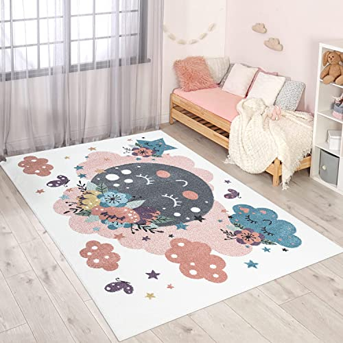 carpet city Alfombra infantil de pelo corto con nubes, flores, estrellas, color crema, multicolor, 120 x 160 cm