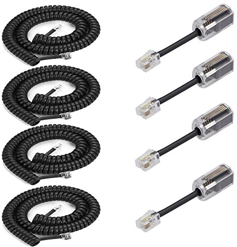 LanSenSu 4Pack 8Ft Uncoiled / 1.4Ft Coiled Telephone Handset Cord with 4 Pack 360 Degree Rotating Landline Cable Detangler Swivel Cord Untangler Telephone Accessory