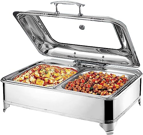 Chafing Dish Elektrisch, 9L Speisewärmer Edelstahl Buffetwärmer mit Sichtbarer Abdeckung, Chafing Dish Warmhaltebehälter - Einstellbare Temperatur (0-85℃)