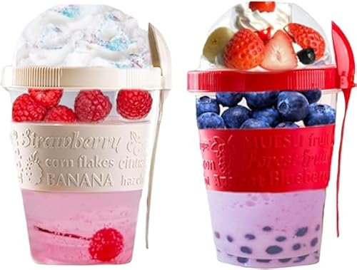 4All Yogurt Pots Spoon Reuseable 600ml Museli Cup With Lid Overnight Oats container20oz BPA free Breakfast Lunch Oatmeal Jars On the GO Snack Container Travel Meal Food Container (Red,Cream)