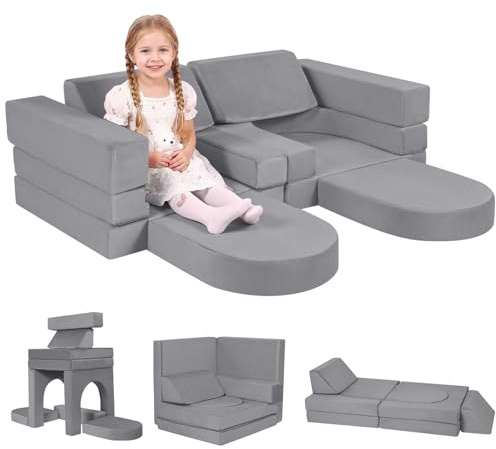 MeMoreCool 10-Pieces Kids Play Sofa Bed, Modular Toddler Chair Couch for Playroom, Fold Out Foam Couch for Girls Boys, Convertible Children Sectional Playset, Grey